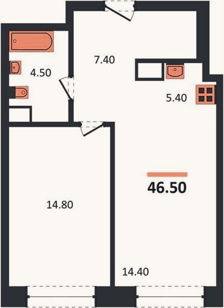 Планировка: 1-к, 46,5 м²