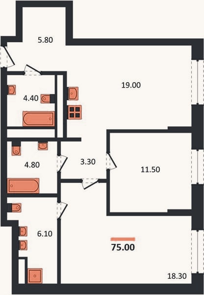 Планировка: 2-к, 75 м²