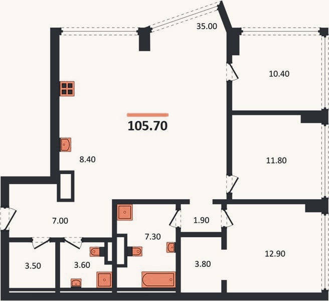 Планировка: 3-к, 105,7 м²