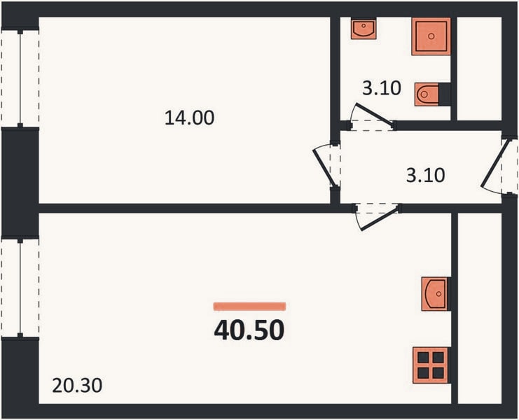 Планировка: 1-к, 40,5 м²