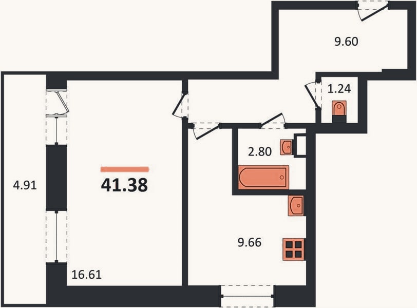 Планировка: 1-к, 39,9 м²