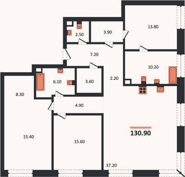 Планировка: 3-к, 130,9 м²