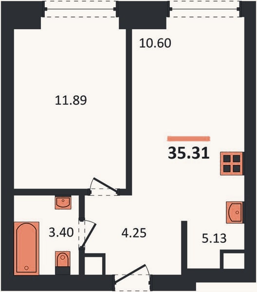 Планировка: 1-к, 35,3 м²