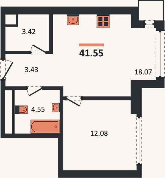 Планировка: 1-к, 41,6 м²