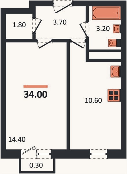 Планировка: 1-к, 34 м²