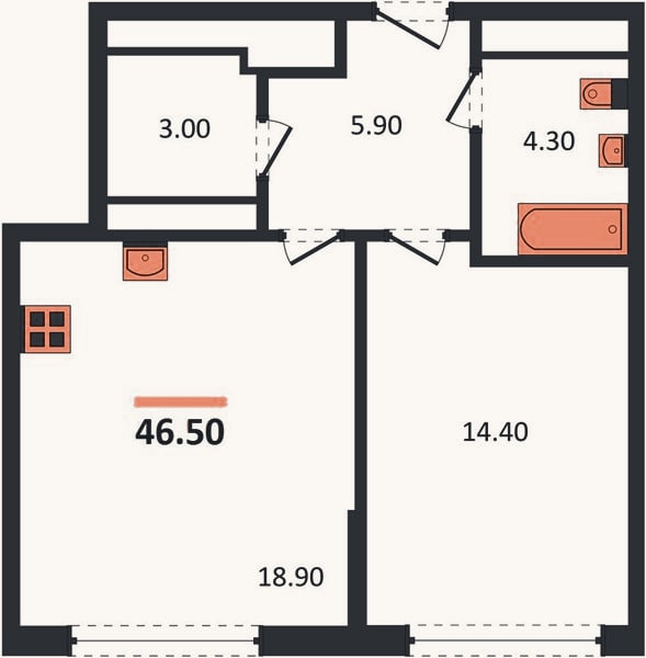 Планировка: 1-к, 45,1 м²