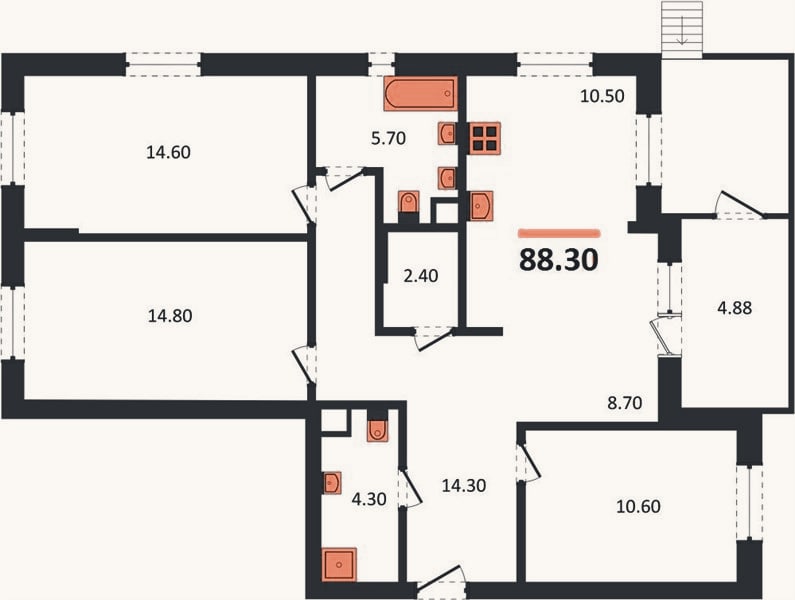 Планировка: 3-к, 88,3 м²