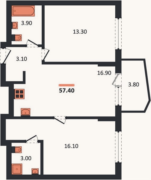 Планировка: 2-к, 57,4 м²