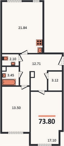 Планировка: 2-к, 73,8 м²