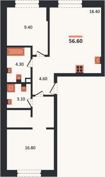 Планировка: 2-к, 56,6 м²