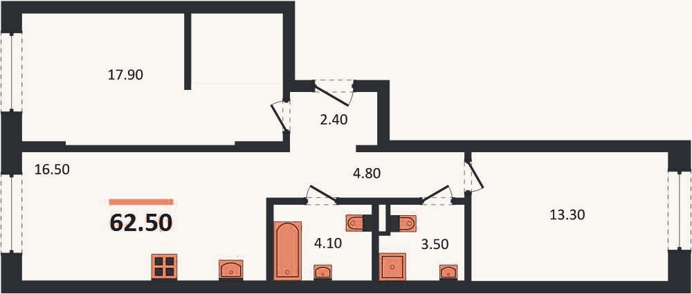 Планировка: 2-к, 62,5 м²