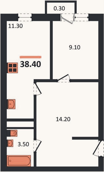 Планировка: 1-к, 38,4 м²