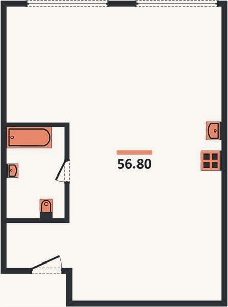Планировка: 2-к, 56,8 м²