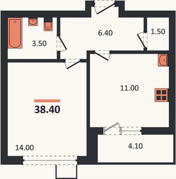 Планировка: 1-к, 38,4 м²