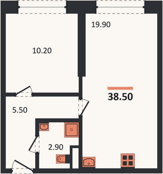 Планировка: 1-к, 38,5 м²