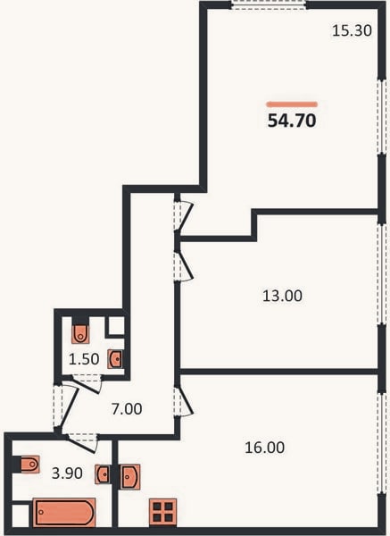 Планировка: 2-к, 54,7 м²