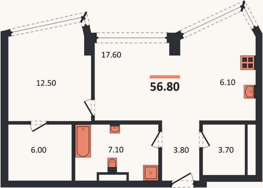 Планировка: 1-к, 56,8 м²