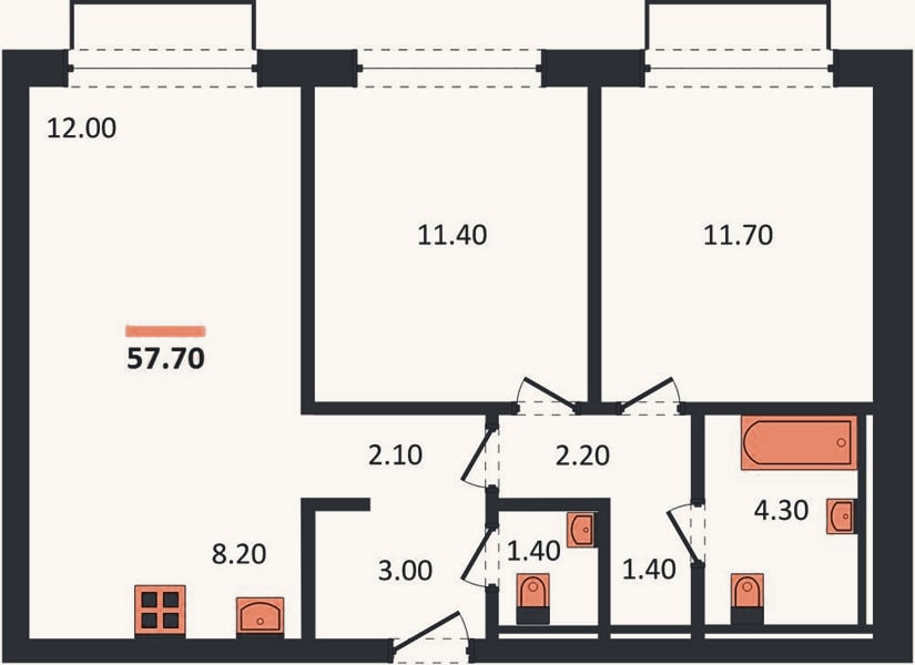 Планировка: 2-к, 57,7 м²