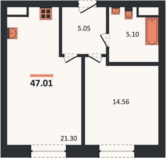 Планировка: 1-к, 47 м²