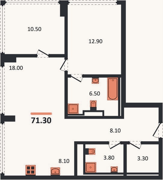 Планировка: 2-к, 71,3 м²