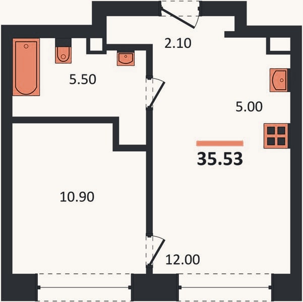 Планировка: 1-к, 35,5 м²