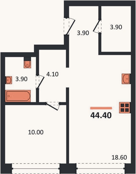 Планировка: 1-к, 44,4 м²