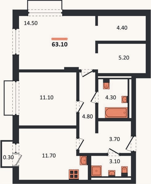 Планировка: 2-к, 63,1 м²