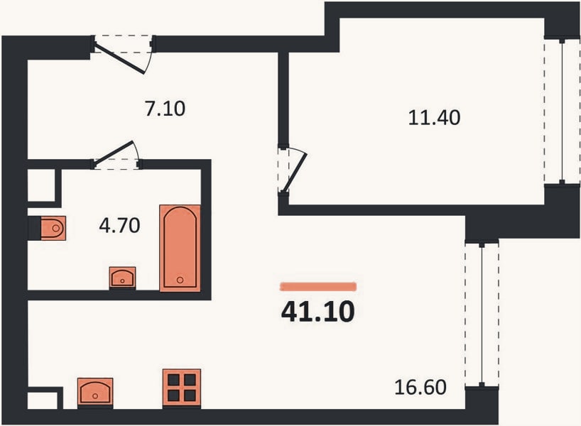 Планировка: 1-к, 41,1 м²