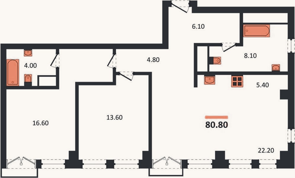 Планировка: 2-к, 80,8 м²