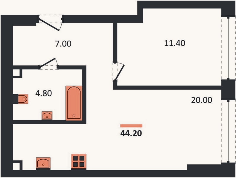 Планировка: 1-к, 44,2 м²