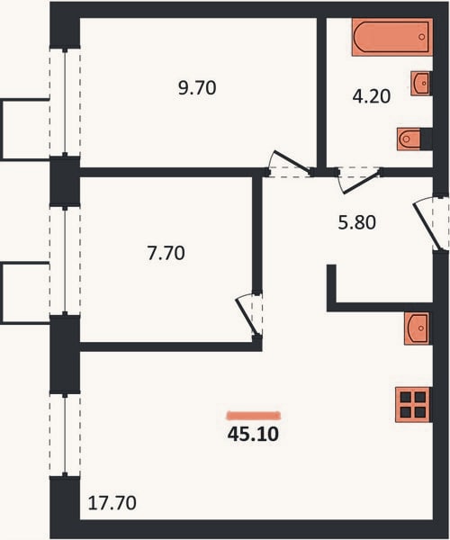 Планировка: 2-к, 45,1 м²