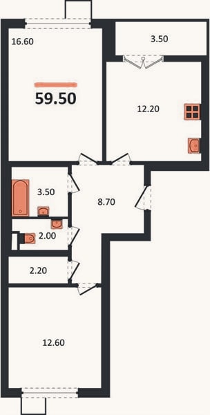 Планировка: 2-к, 59,5 м²