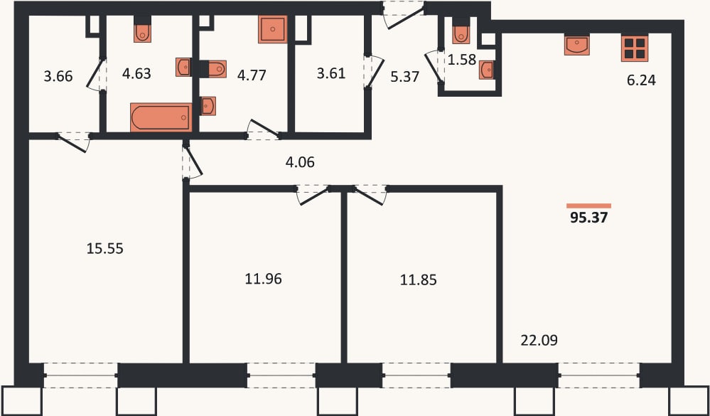 Планировка: 3-к, 95,4 м²