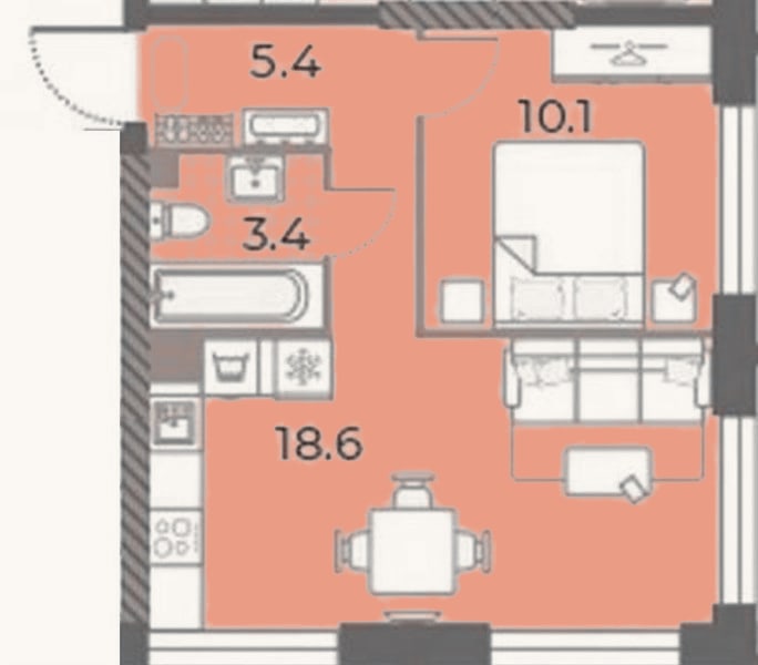 Планировка: 1-к, 37,4 м²