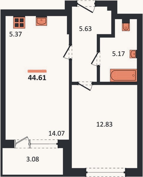 Планировка: 1-к, 44,6 м²