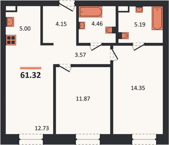 Планировка: 2-к, 61,3 м²