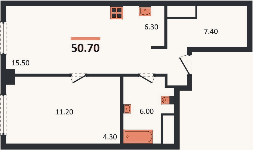 Планировка: 1-к, 50,7 м²