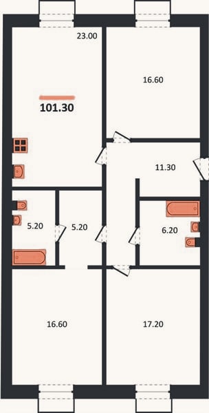 Планировка: 3-к, 101,3 м²