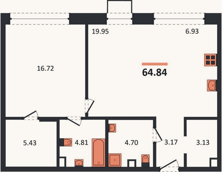 Планировка: 1-к, 64,8 м²