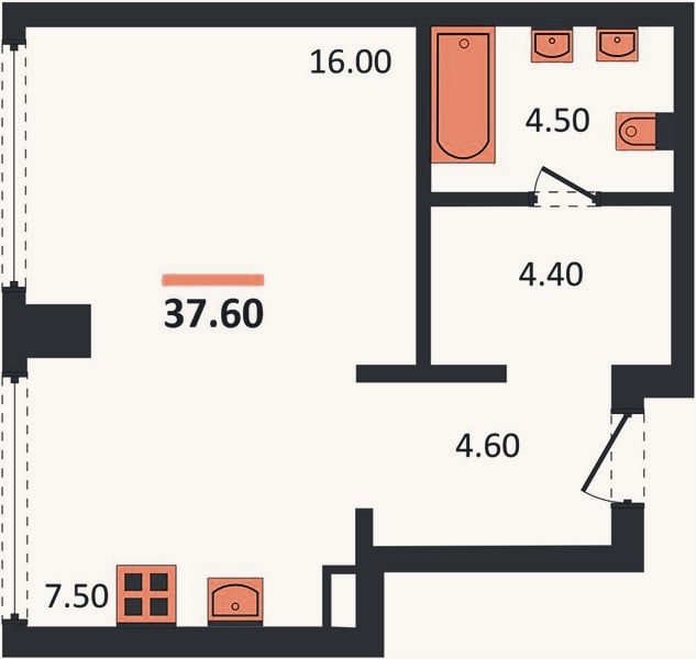 Планировка: Студия, 37,6 м²