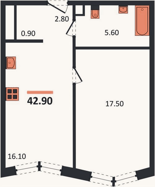 Планировка: 1-к, 43,3 м²