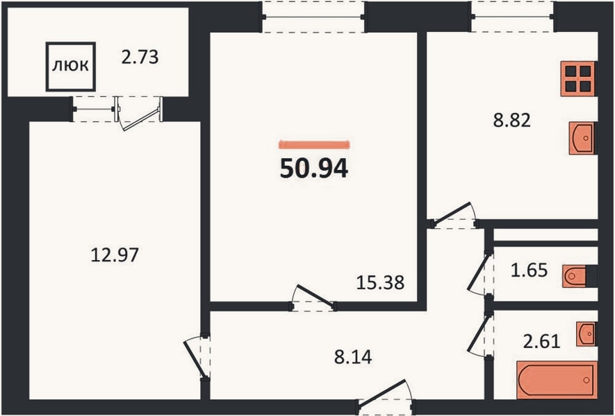 Планировка: 2-к, 50,9 м²