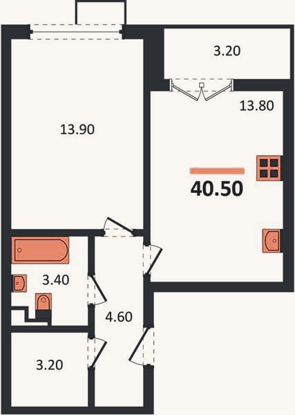 Планировка: 1-к, 40,5 м²