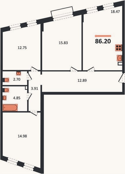 Планировка: 3-к, 86,2 м²