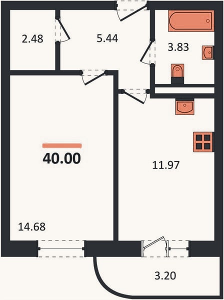 Планировка: 1-к, 40 м²