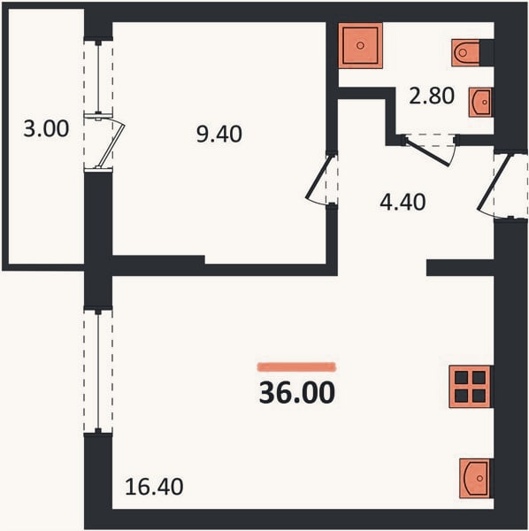 Планировка: 1-к, 36 м²
