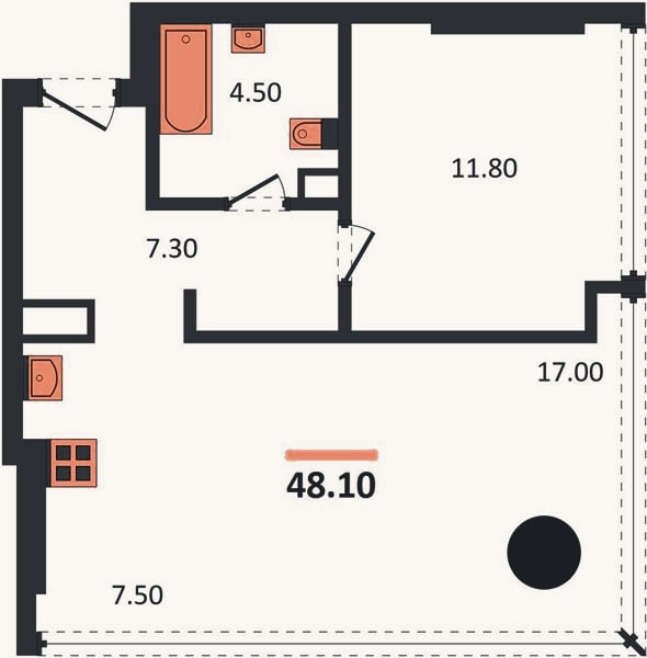 Планировка: 1-к, 48,1 м²