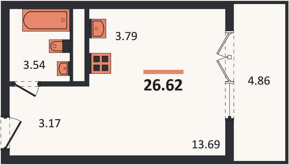 Планировка: Студия, 26,6 м²