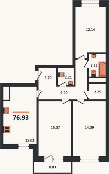 Планировка: 3-к, 76,9 м²