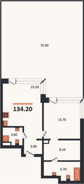 Планировка: 1-к, 134,2 м²